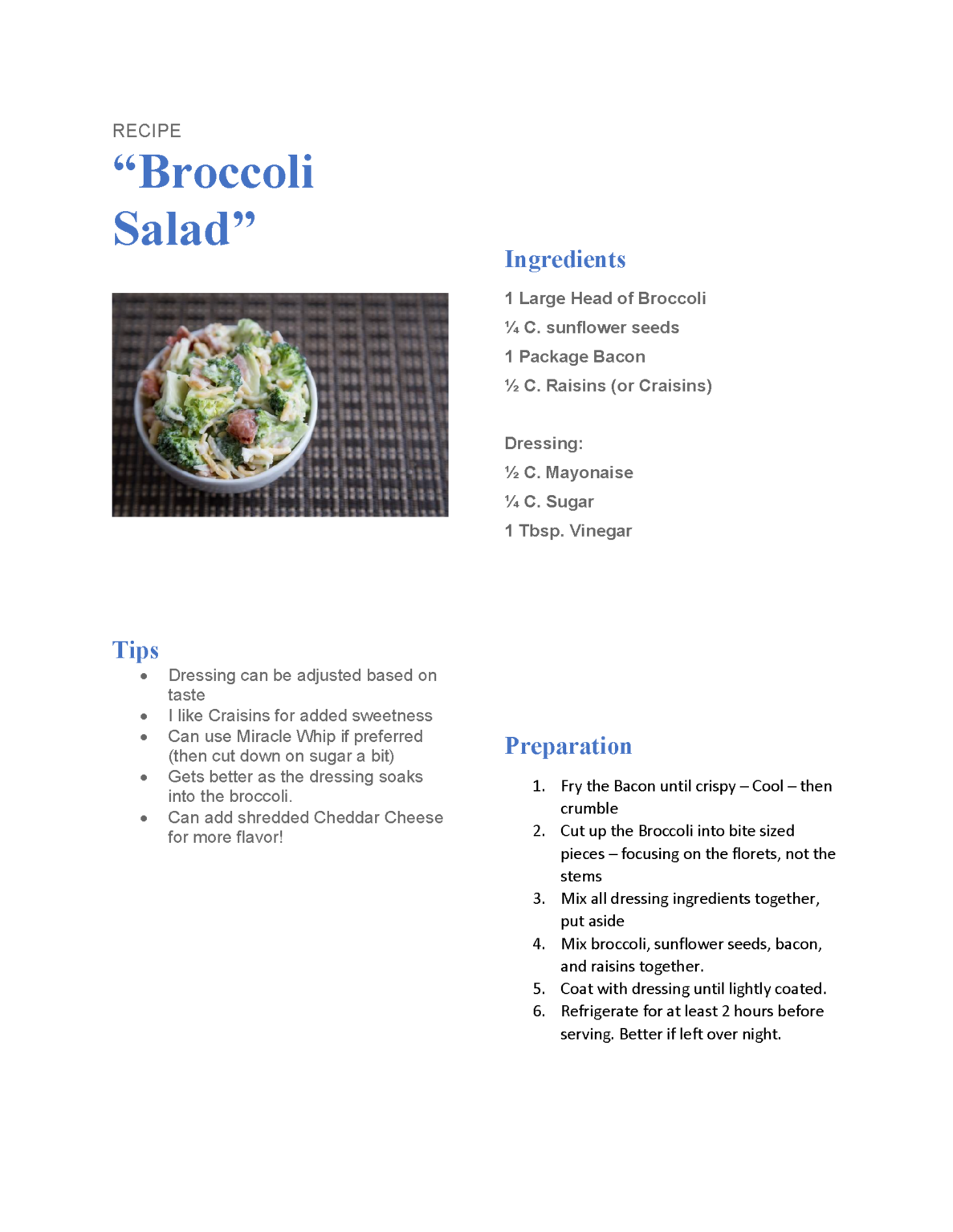 Tasty Broccoli Salad - Recipe For Freedom